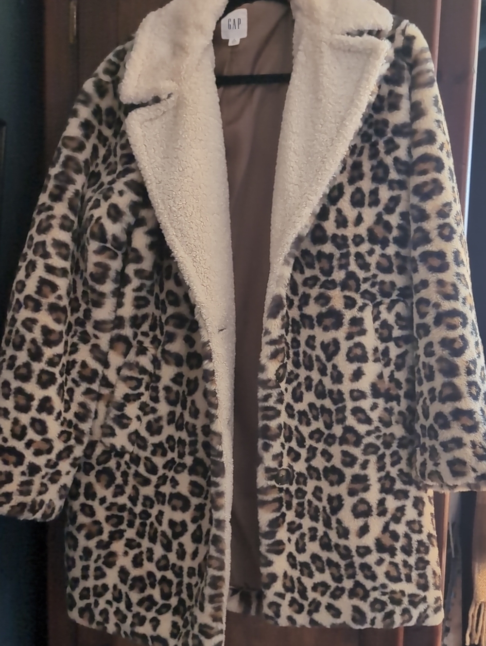 GAP Leopard-Print Sherpa Coat in Cream and Brown